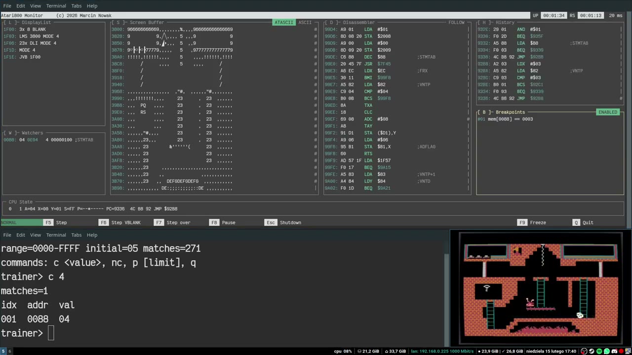 Debugger a800mon z pułapką pamięciową w grze Montezuma's Revenge