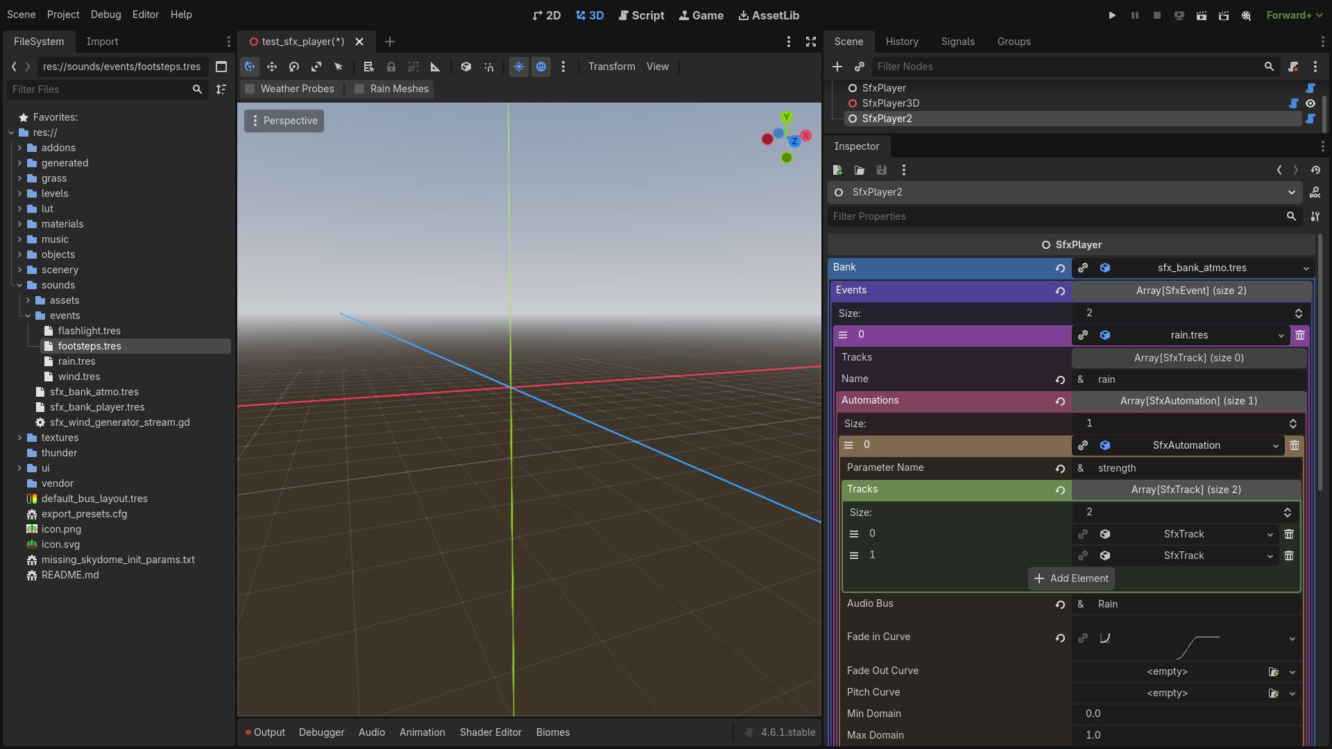 Konfiguracja banku i eventów Godot SFX we właściwościach węzła SfxPlayer