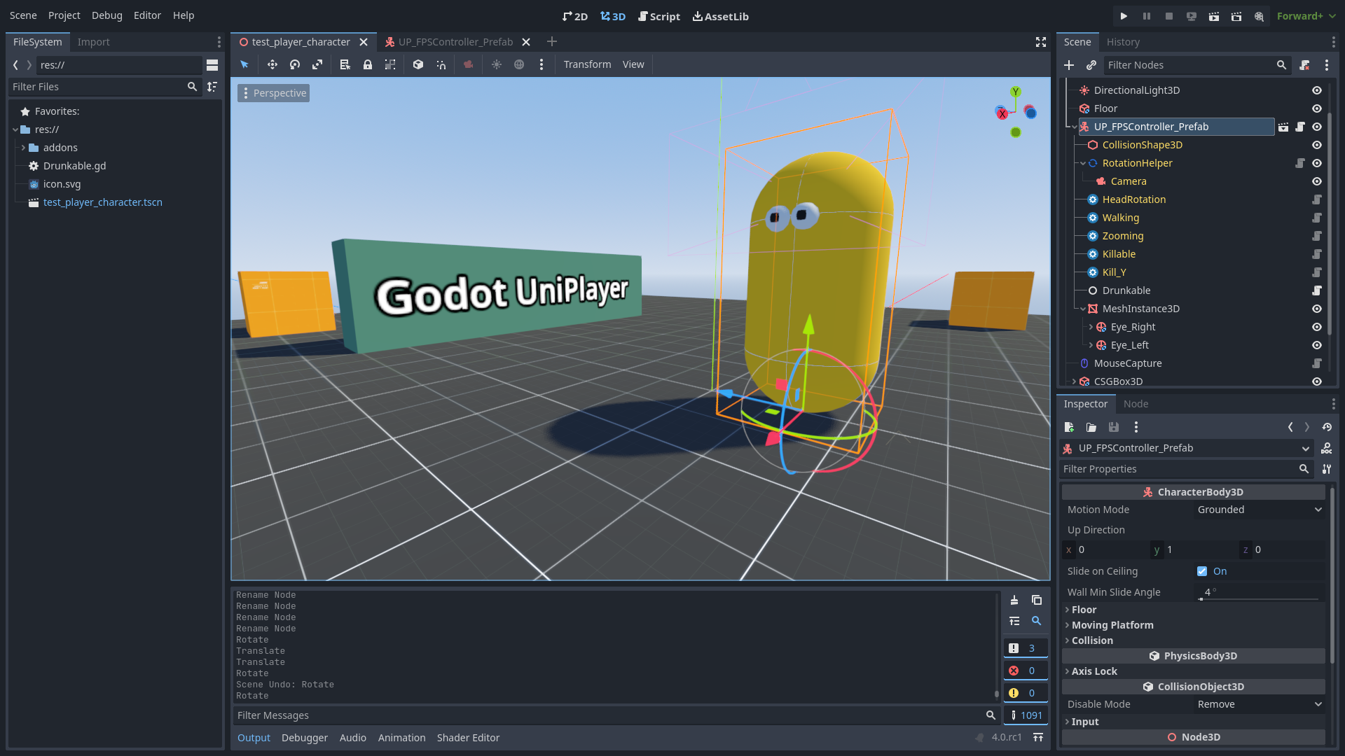 Godot UniPlayer skonfigurowany w edytorze Godot 4